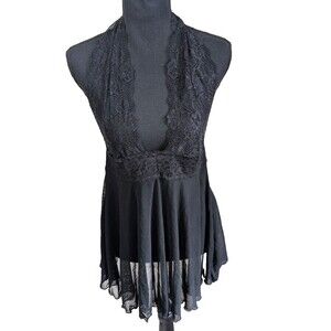 Rene Rofe Women's Lingerie Halter Top Black Mesh Sheer Rave Festival Large